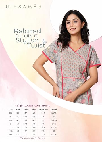 Image of NIHSAMAH Cotton Night Gown for Women - Angrakha Style Nighty, Comfortable Sleepwear /Nightwear /Maxi
