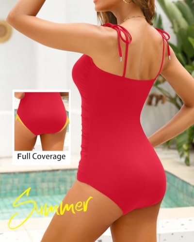 Image of Daci Women One Piece Tummy Control Swimsuits Tie Shoulder Bathing Suits