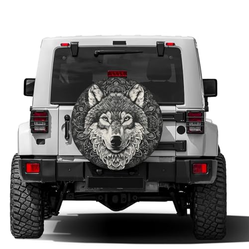 Image of KiuLoam Black Vintage Mandala Wolf Spare Tire Cover Waterproof Dust-Proof Universal Sunscreen Wheel Tire Covers Fit for Trailer, RV, SUV and Many Vehicle 14 Inch
