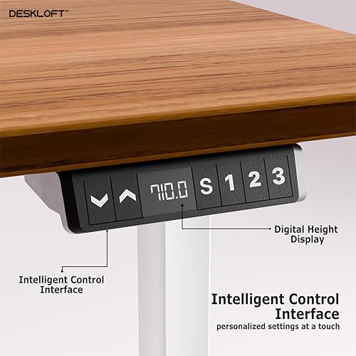 Image of Electric Standing Desk Height Adjustable Table | Ergonomic Sit Stand Workstation with Walnut Wood Grain Top | Motorized Computer Desk for Home Office (White Frame & Brown Top, 1200x600 mm)
