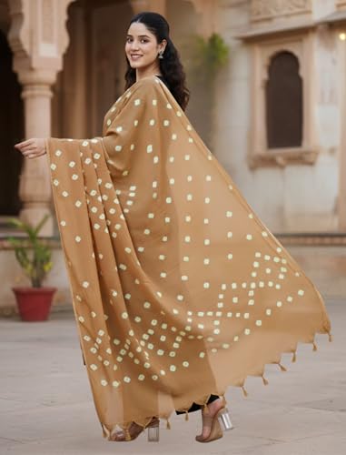 Image of Women's Cotton Rayon Bandhani Print Dupatta with Tassels 2.25 Meters | Women's cotton printed dupatta with tassels.