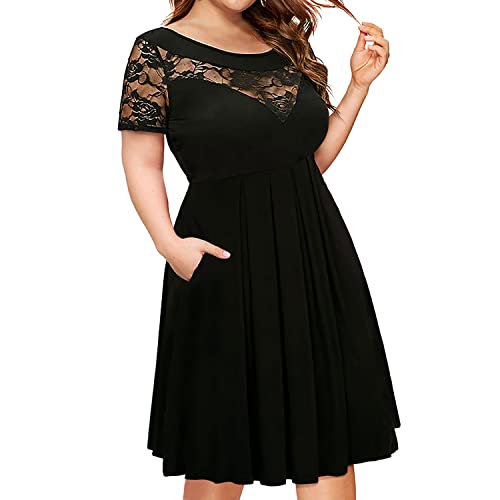 Women's Plus Size Short Sleeve Lace Midi Dress Pleated Casual Summer Flowy Dress with Pockets2