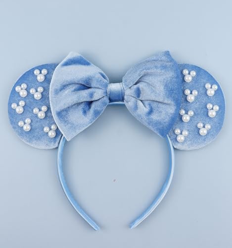 LIHELEI Mouse Ears Headband with Pearl Princess Blue Velvet Mouse Ears Headbands for Halloween Costume Princess Party Headwear Hair Accessories for Women Girls -Blue