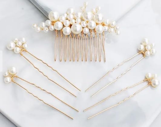 Set Of 5 Pearls Hair Clip & Comb, Hair Accessories For Women & Girls, Stylish for Wedding – Artificial Pearl Style Juda Bun – Pearl Bridal Brooch & Hair Pins, Hairstyle Decoration, White.