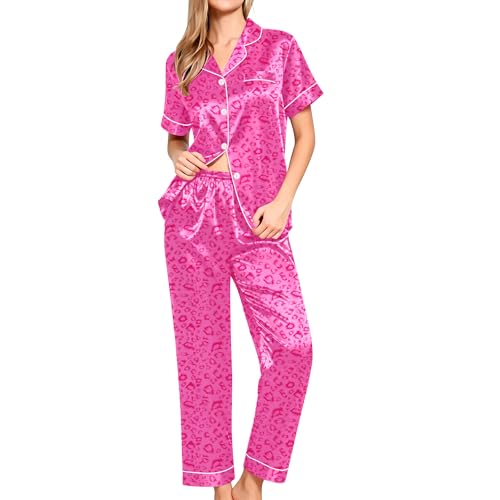 Image of SWOMOG Women Satin Pajamas Set Short Sleeve Top & Pants Sleepwear Silky Button Down Nightwear 2pcs Loungewear Pjs Set