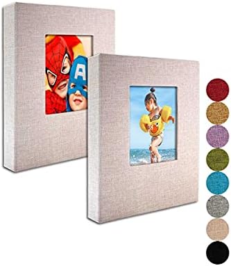 Small Photo Album 4x6 – Clear Pages, Linen Cover with Front Window, Pack of 2, Each Small Album Holds 52 Photos, Small Brag Book Photo Album for 4x6 Pictures, Beige Fabric