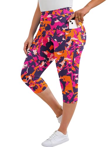 AusLook Plus Size Capri Leggings for Women with Pockets High Waisted Tummy Control Cropped Rosy Clouds 5X Leggings Buttery Soft Stretch Casual Lounge Workout Pants