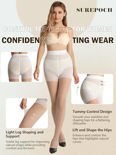 Image of SUREPOCH 20D Sheer Tights Control Top Black Pantyhose for Women Tummy Control Nylon Stockings