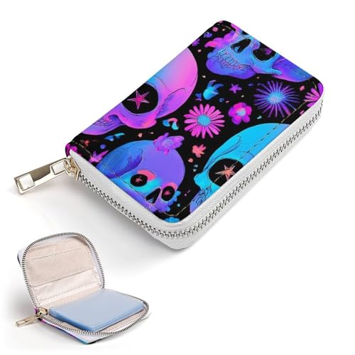 Portable Slim Wallet for Men Women, Pu Leather Credit Card Holder with 20 Slots Neon Purple Flowers Floral Skull Card Coin Organizer Bag2
