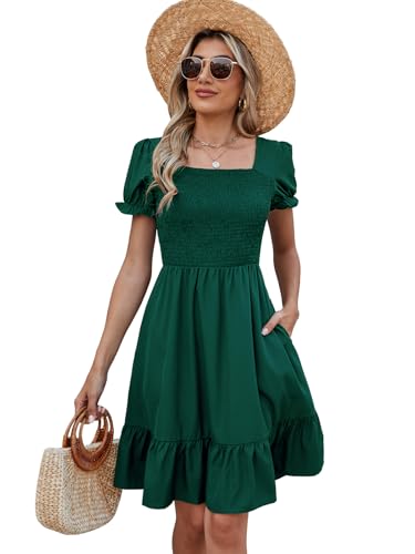 Image of Lyrur Women's Short Sleeve Summer Dresses 2026 Spring Casual Square Neck Easter Dress A-Line Tiered Sundress with Pockets