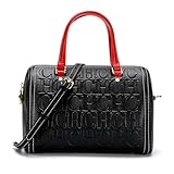 Bolso de Mano Tipo Boston con Patrón de Letras en Relieve, Negro con Asas, Incluye Correa Ajustable (Black_red)