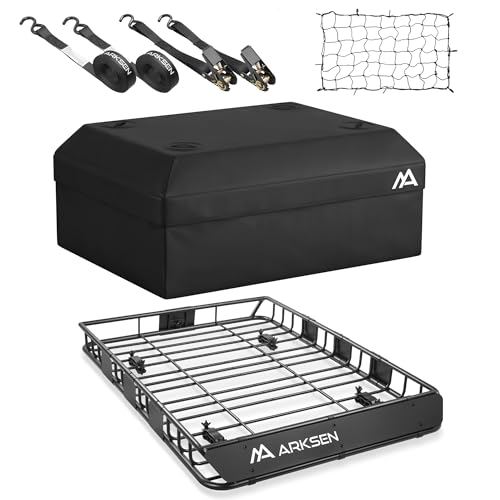 ARKSEN 54 x 39 x 5 Inch Upgrade Universal Roof Rack with Waterproof Bag, Cargo Net&2 Ratchet Straps - 150Lbs Capacity Heavy Duty Rooftop Cargo Carrier