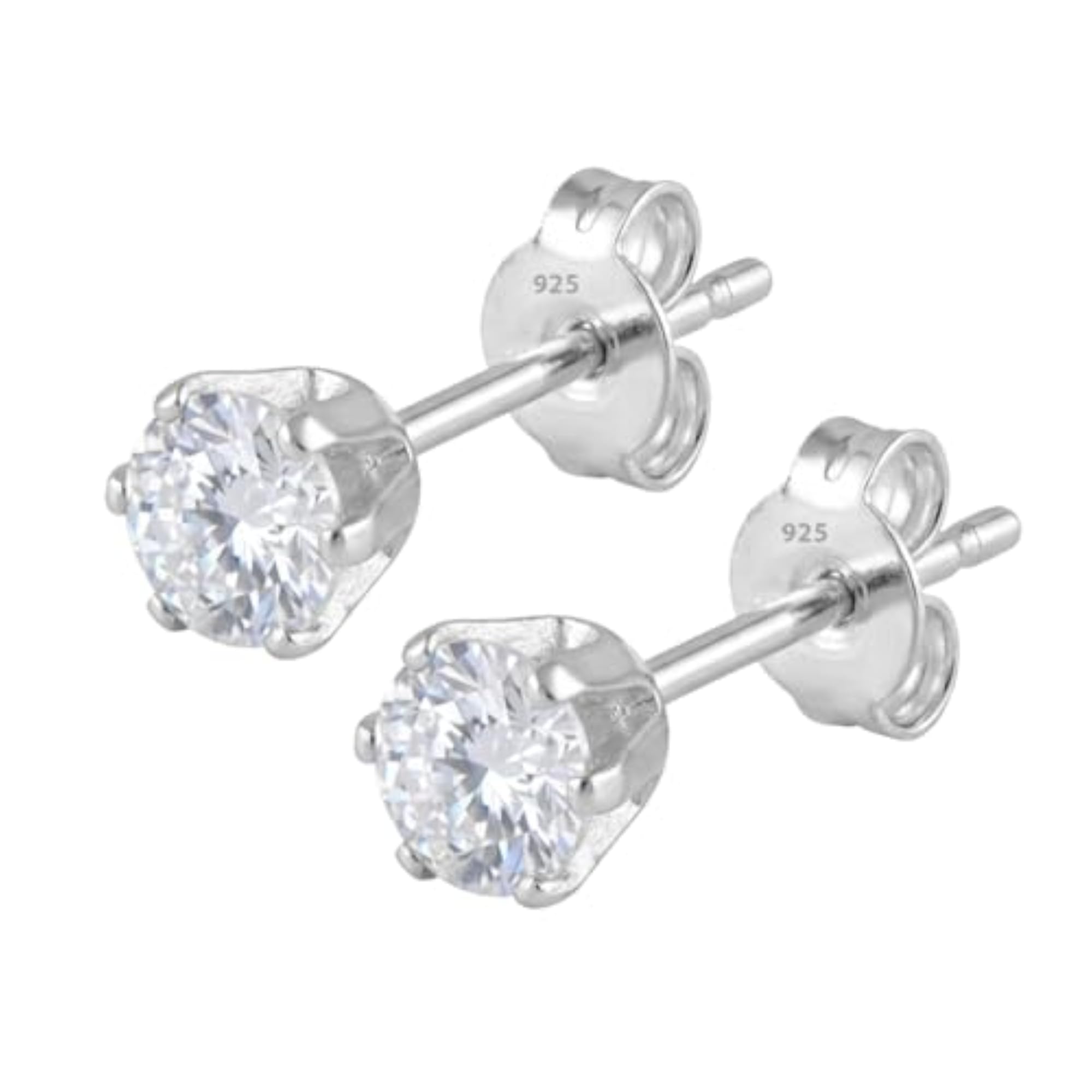 Unisex 925 Sterling Silver Round CZ Solitaire Stud Earrings
