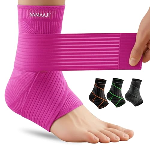 Ankle Support Brace strap for Ligament Damage, Sprained Ankles, plantar fasciitis & Achilles Tendonitis Relief Compression Support for Women, Men, and Athletes Foot Brace for Sports (1, Pink, M)