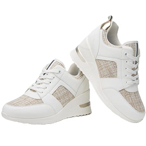 Viscozzy High Heel Wedge Sneakers For Women - White Lace Up Fashion Casual High Heel Shoes Walking Shoes Hidden Sneakers W138-Szw35-Beigewhite-7 #TOP6