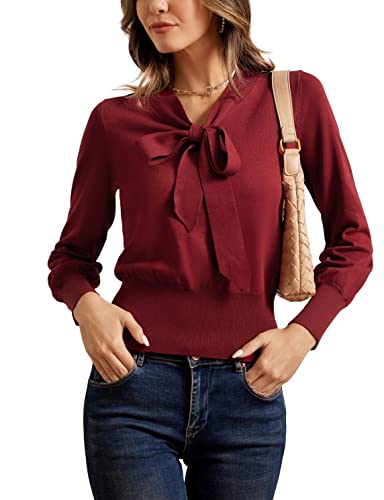 Women Wine Red Pullover Sweater Bow Long Sleeve Fall Winter Top Soft Knitted Elegant Casual Party Sweaters M #TOP18