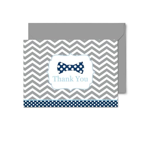 Paper Clever Party Bow Tie Thank You Cards with Envelopes - 20 Pack Small Folded Notes for Boys Baby Shower, Gender Reveal, Birthday, and Everyday Occasions