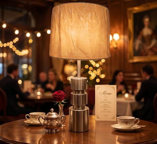 Image of Modern Silver Cylinder Table Lamp with Iridescent Glass Shade - Luxury Metallic Bedside Light for Living Room & Bedroom Decor