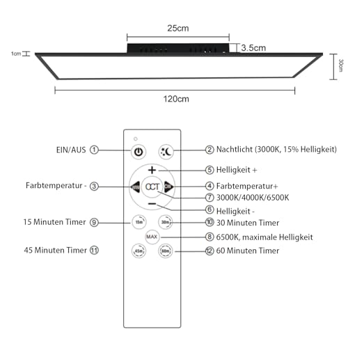Lampe de cuisine LED 120x30 cm noire avec télécommande intensité variable 40W