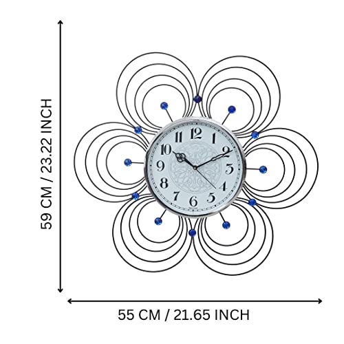 Image of CHRONIKLE Floral Design Analog Decorative Round Diamond Studded Crystal Metal Wall Clock for Living Room Home Decor Office Gifts (Size: 55 x 5 x 59 CM | Color: Blue | Weight: 1140 Gram)
