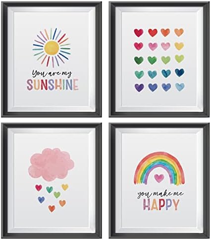 Inspirational Quote You Are My Sunshine Poster Prints for Home Girls Room Kids Room Nursery Classroom Decor,Boho Sun Rainbow Cloud Hearts Pattern Decorations Prints Wall Art Unframed 4pcs 8x10inches