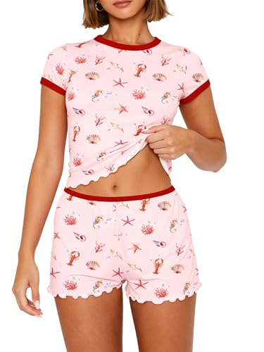 Image of Dressmine Cute Pjs Pajama Sets for Women Sexy 2 Piece Spring Pajamas Lounge Sleep Set Long Sleeve Shorts Sleepwear