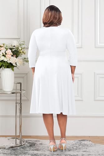 Image of Runwind Women's Plus Size Midi Dress 3 /4 Sleeve Fit and Flare Cocktail Dresses Casual V-Neck Dress with Pockets