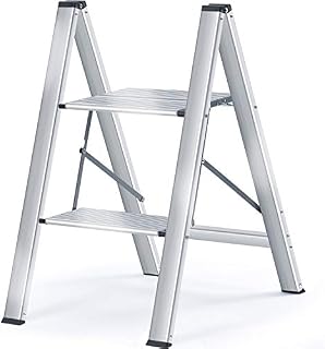 Kingrack 2 Step Ladder, Aluminium Folding Ladder,Portable Slim Step Stool, Safety Household Ladder Stepladder with Multi-function, Silver