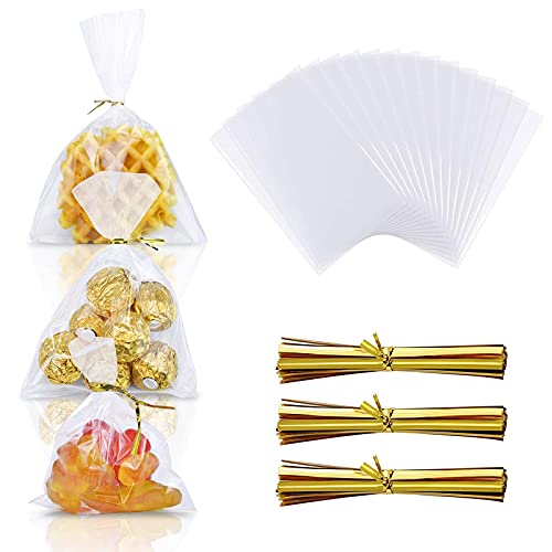 wocpvm 200pcs Sachets Biscuits Sachet Plastique Bonbon avec 300 Liens Torsadés Sachets Transparents pour Biscuits Sachet Cellophane pour Bonbons Perles Bijoux Chocolats Cadeau, 15 x 20 cm