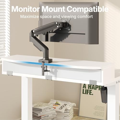 Image of HUANUO 32 inch X 21 inch Electric Standing Desk with 2 Drawers, C-Clamp Mount Compatible, Height Adjustable Computer Desk, Home Office Stand Up Desk with 4 Preset Heights & 2 Hooks, White