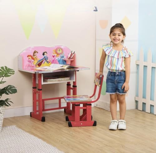 Image of Kids Study Table and Chair Set | 4-15 Years | Adjustable Height| Strong and Ergonomic | Multifunctional Writing Desk for Kids (Pink)