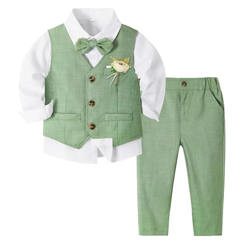 Volunboy Baby Jungen Anzug, Kinder Anzugweste Festliche Hochzeit Kleidung Bekleidung Set 4tlg (12-18 Monate, Wald Grün, Größe 80)