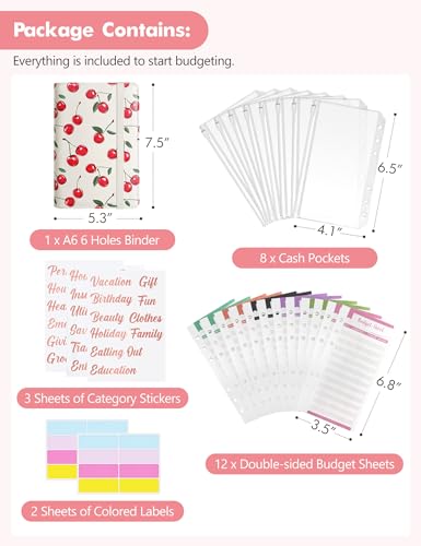 Image of A6 Budget Binder for Money Saving, PU Leather Budget Planner with 8 Cash Envelopes, Budget Sheets & Rose Gold Category Stickers, Money Organizer for Cash (Cherry Cream)