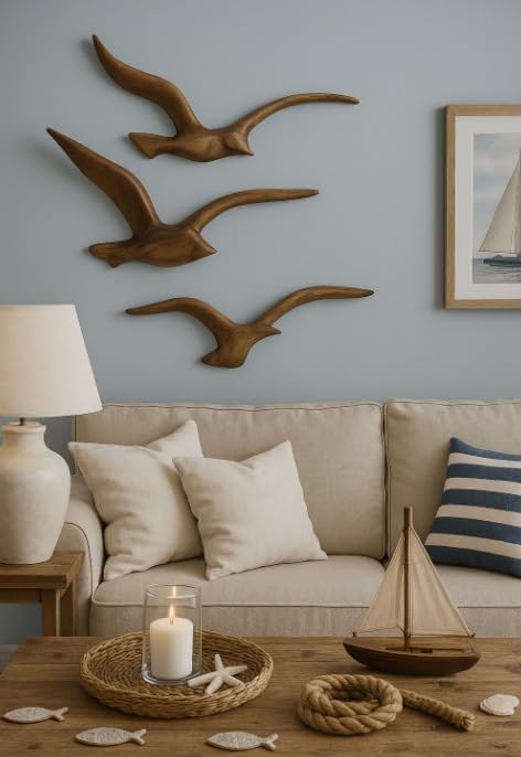 RiloStore Möwen 3er Set Holz braun Wanddekoration b362 Wanddeko 34-37cm Möwen Vögel Wandobjekt Vogel-Skulpturen Wandbild Dekovögel Metallvögel