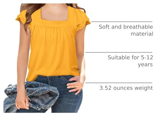 Image of Arshiner Girls Shirts Short Sleeve Square Neck Summer Lace Openwork Pleated Tops Blouse Tunic