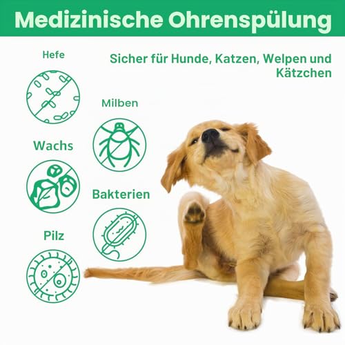 Ohrenreiniger Hund, Hund Ohrentropfen stoppen Ohren Entzündungen und Juckreiz, Haustier Ohrreiniger für Hunde und Katzen, Hundeohrreinigungslösung, Hundeohrschmalz, Schmutz, Geruchsentferner, 4 OZ
