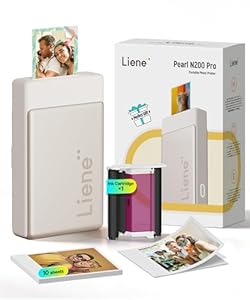 Liene Pearl N200 Pro Tragbarer Mini Fotodrucker mit Farbsublimation – Inkl. 10 Selbstklebende Fotos (5x7,6 cm) & Farbband, Bluetooth, 300 DPI, Sofortbilddrucker für iPhone & Android, Akku, in Gold