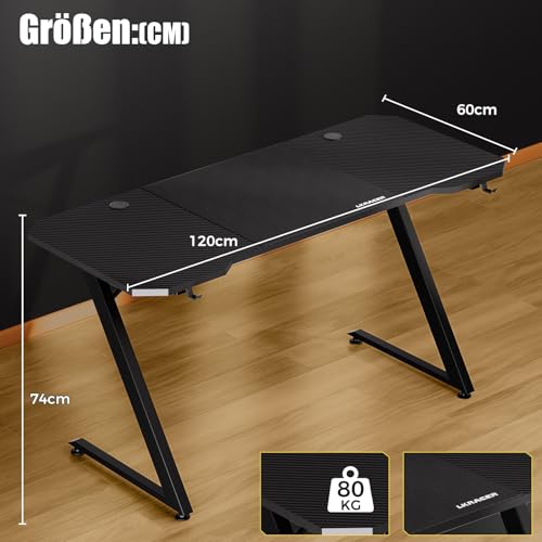 Gaming Tisch 120x60cm – Hochwertiger Carbon-PC-Tisch für Streamer & Gamer mit praktischem Kopfhörerhaken – Robuster Schreibtisch in schwarzem Design – Bild 4