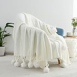 GINAMUSE White Pom Pom Throw Blanket for Couch, 60'X80' Soft Lightweight Knitted Farmhouse Decorative Blankets for Bed and Sofa
