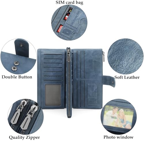 REETEE Women's Large PU Leather Purse Women's Long Format Purse Women RFID Blocking Purse Ladies with Large Zip Coin Compartment Many Compartments and 23 Card Slots, blue, Retro