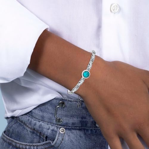 Genuine Vintage Flower Turquoise Bracelet, Sterling Silver Boho Adjustable Dainty Bangle Cuff Native American Jewelry, Fit for 6 6.5 7 7.53