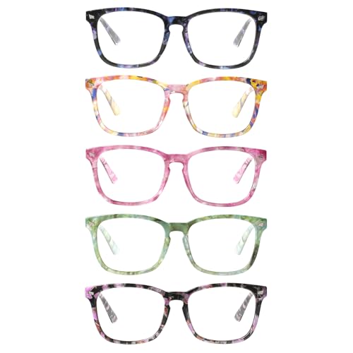 Image of Henotin 5-Pack Blue Light Blocking Reading Glasses Women Men,Spring Hinge Computer Readers,Anti UV Ray Square Nerd Eyeglasses (Mixed Color-D, 0.00)