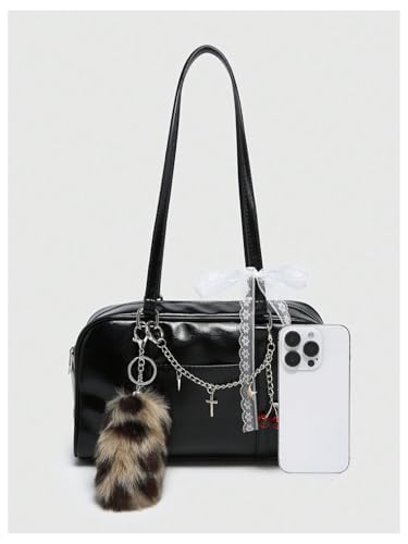 Verdusa Women's Y2K PU Leather Bow Tie and Pearl Lace Solid Shoulder Handbag4