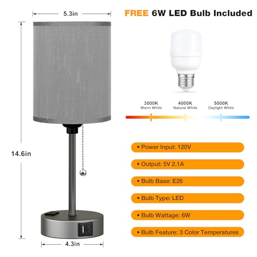 Image of Small Bedside Table Lamp for Bedroom, Desk Lamp with USB Ports for Dorm
