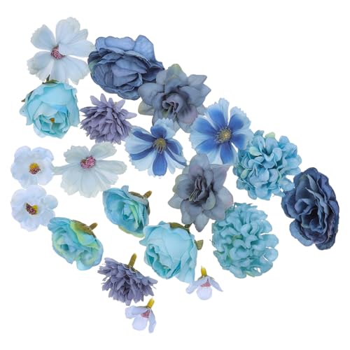 Ipetboom Flores Artificiales Mini Cabezas de Margaritas y Rosas Falsas de Seda Azul, 20 Piezas para Decoración de Bodas, Shower, Adornos de Tartas y Manualidades en Hogar