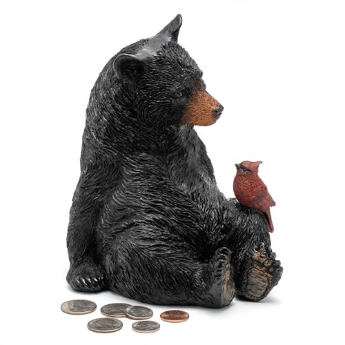 Image of The Bridge Collection 7" Black Bear with Cardinal Coin Bank - Animal Money Bank - Black Bear Figurine Coin Bank for Cabin Decor