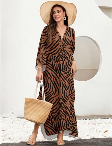 Image of MAKABO Kaftan Dresses for Women, V Neck Moo Moos Colorful Print Cover Ups Caftan Beach Dresses for Swimwear