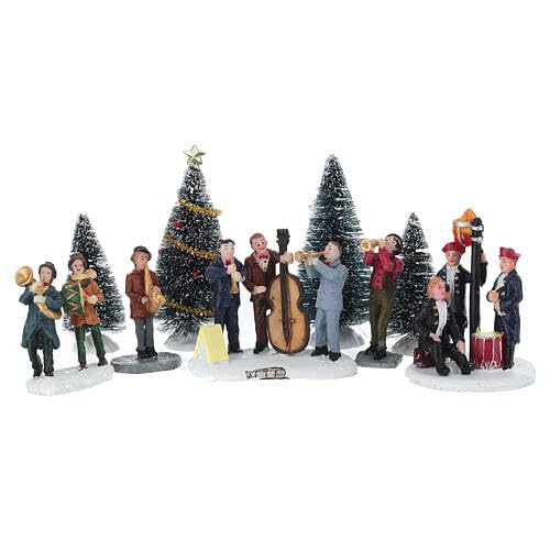 Holyart Villaggi Natalizi: Set musicisti e alberi assortiti per villaggio natalizio 8 cm