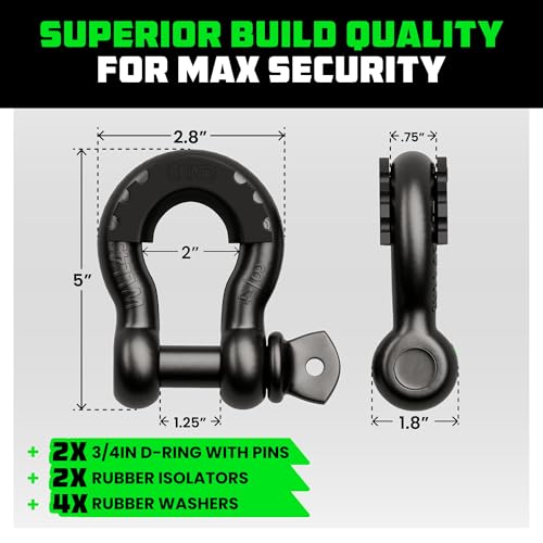 Rhino USA D Ring Shackle (2 Pack) 41,850lb Break Strength – 3/4” Shackle with 7/8 Pin for use with Tow Strap, Winch, Off-Road Jeep Truck Vehicle Recovery, Best Offroad Towing Accessories (Gloss)…
