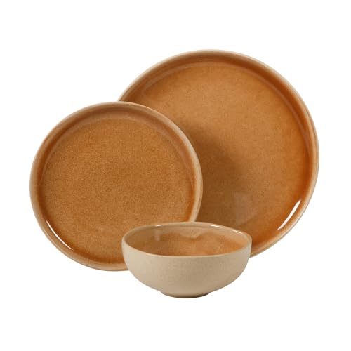 Image of Gibson Elite Manila Bay 12-Piece Stoneware Dinnerware Set, Service for 4, Reactive Glaze Modern Artisan Plates, Bowls & Mugs, Orange, Round Design